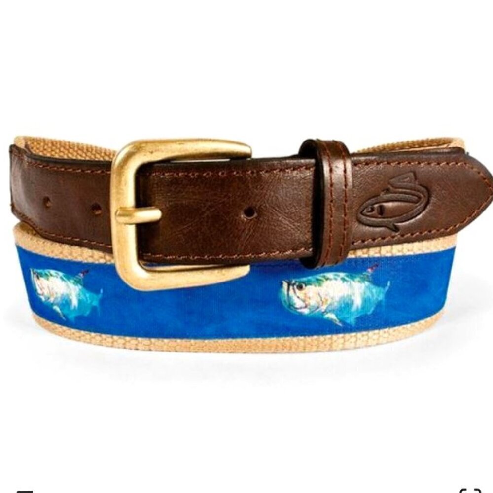 PREPPY! Nautical Tarpon Fish Ribbon Golf Belts LEVELWEAR ~ Cotton & 100% Leather